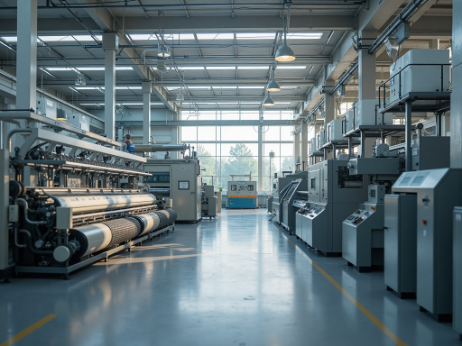 Modern manufacturing facility with clean equipment and organized workspace, showing textile production process